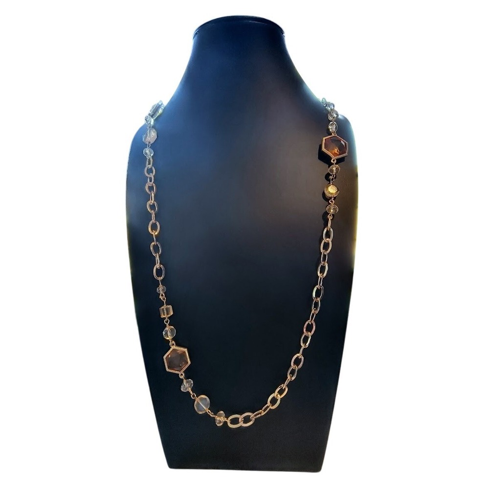 Dana Kellin for Target Gold Tone Long‎ Chain Necklace Amber Hexagon Crystal 42"